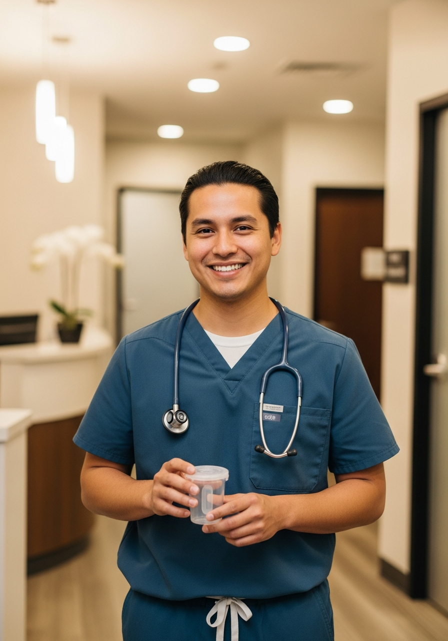 Doctor holding medical waste container