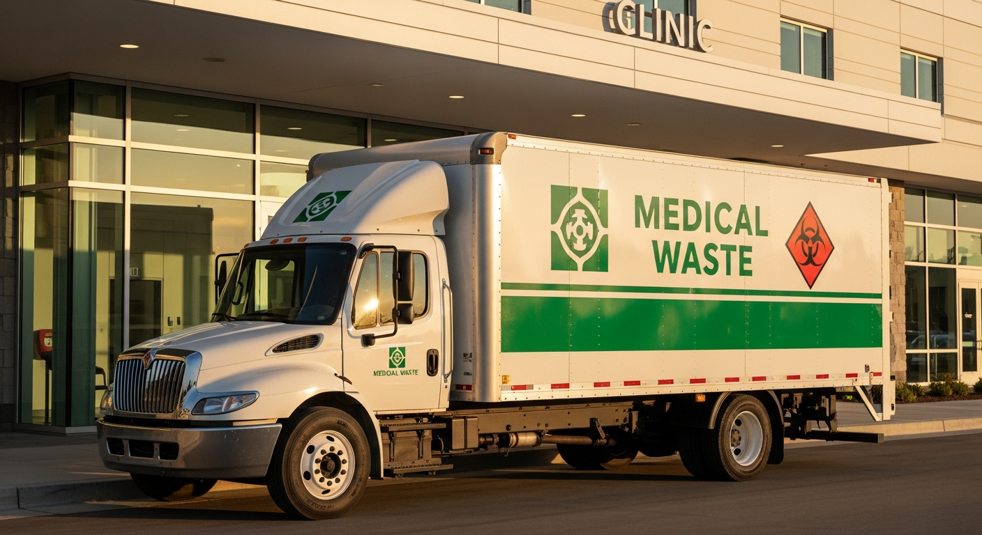 Medical waste fleet parked outside modern facility